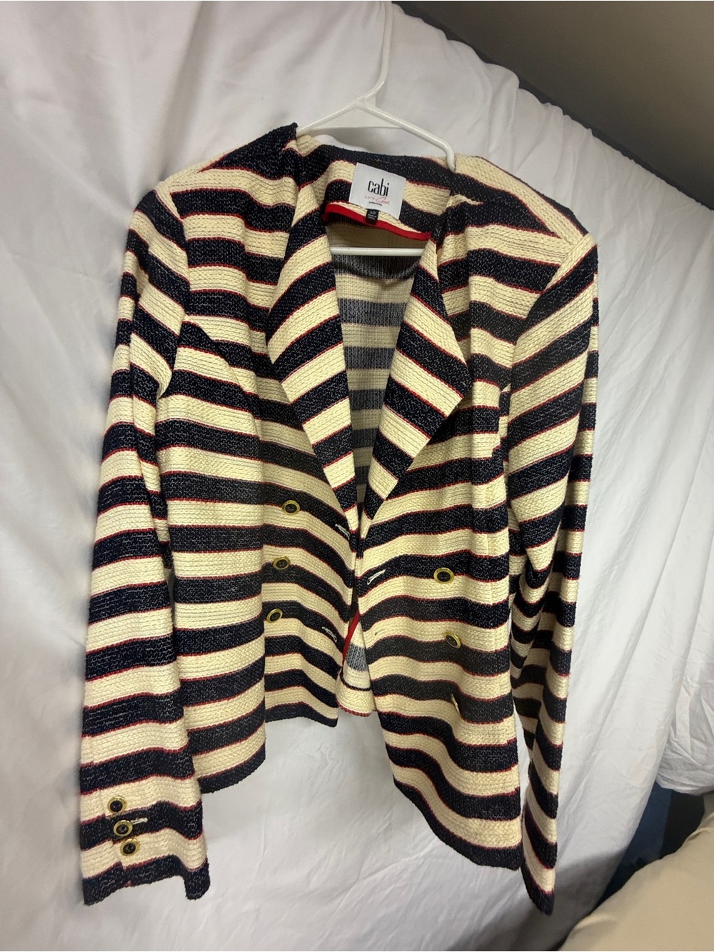 CAbi Striped Knit Double-Breasted Blazer in Cream, Black and Red